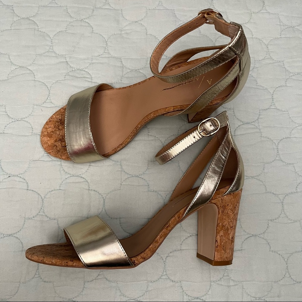 ANTHROPOLOGIE Gold Leather Sandals Ankle Strap Cork Heels 39 US 9